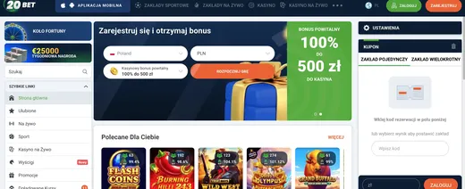 Zrzut ekranu strony głównej 20Bet Casino