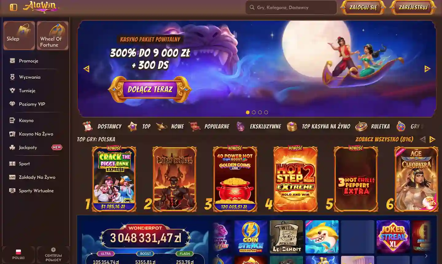 Zrzut ekranu strony głównej Alawin Casino