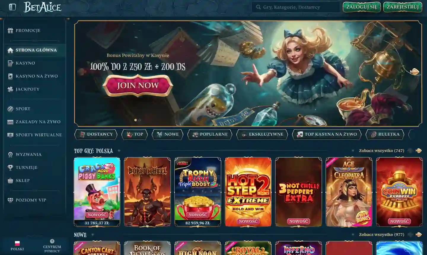 Zrzut ekranu strony głównej BetAlice Casino