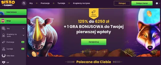 Zrzut ekranu strony głównej Bizzo Casino
