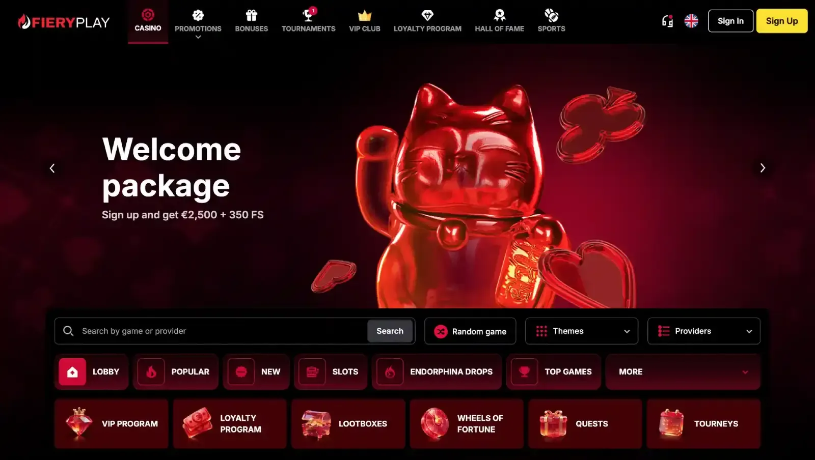 Zrzut ekranu strony głównej FieryPlay Casino