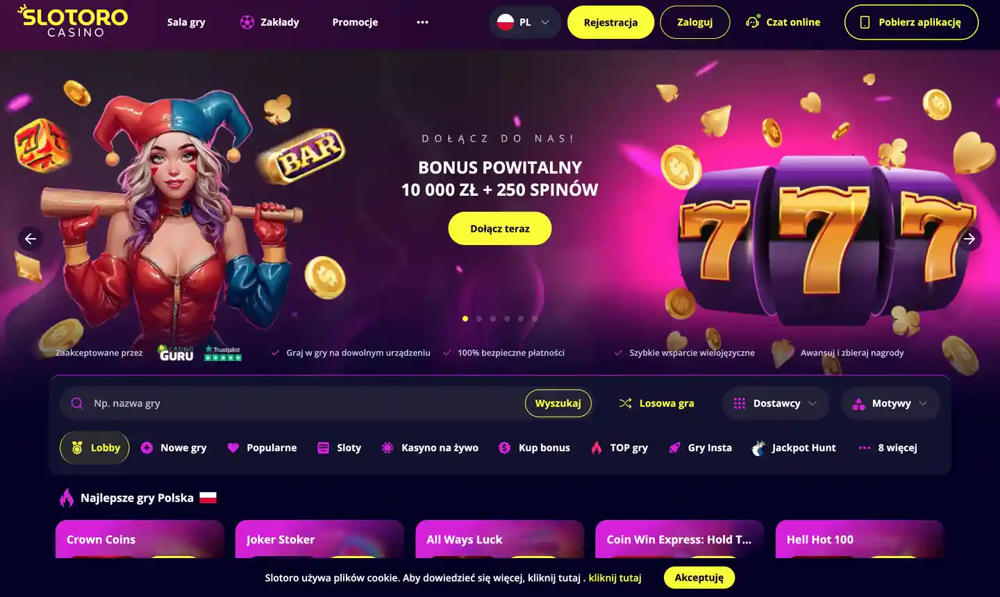 Zrzut ekranu strony głównej Slotoro Casino
