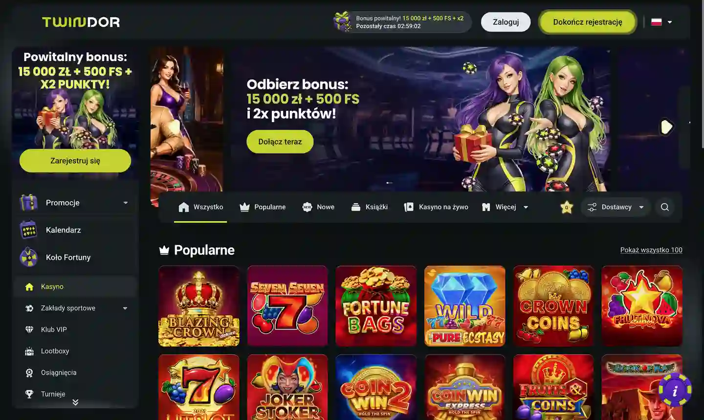 Zrzut ekranu strony głównej Twindor Casino