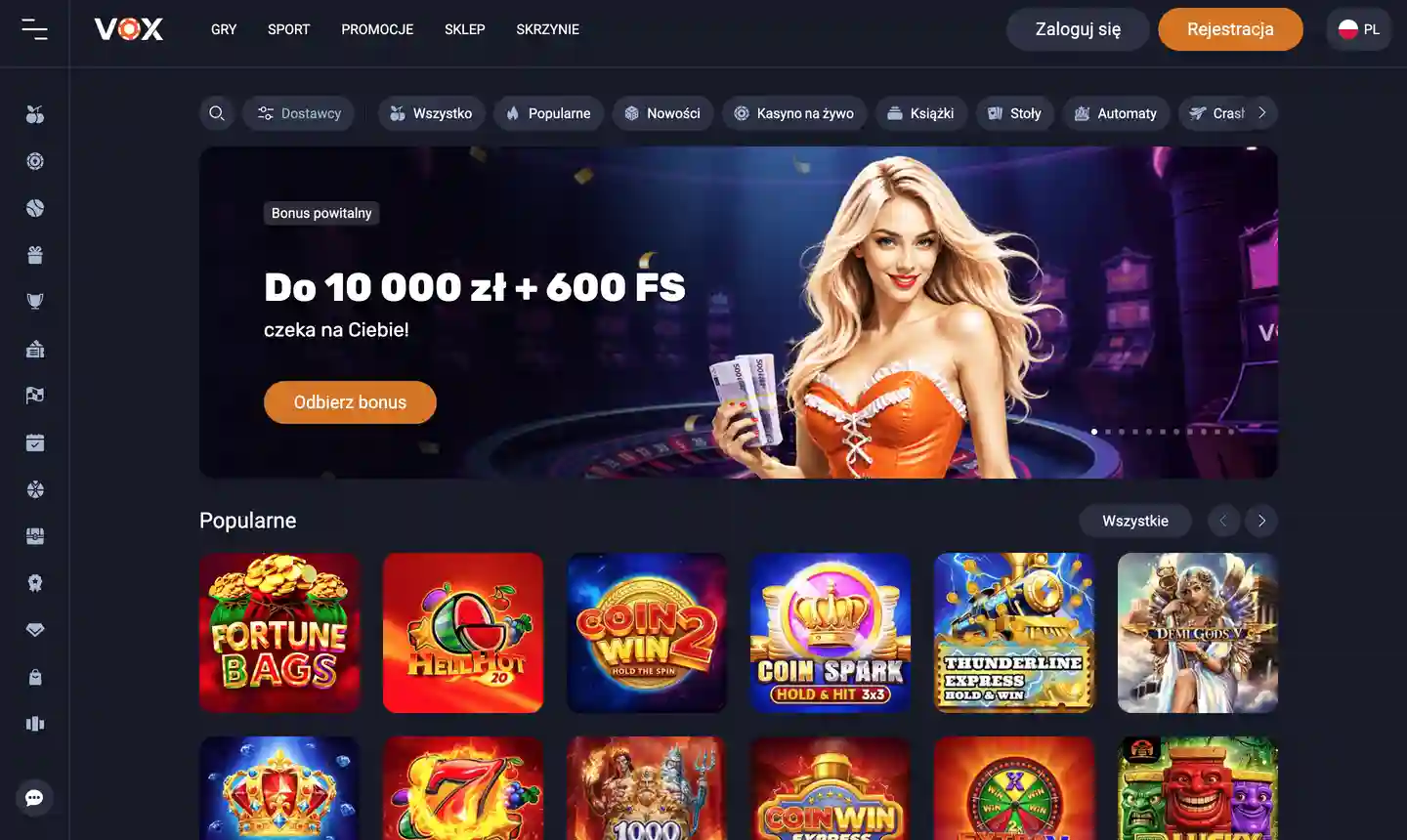 Zrzut ekranu strony głównej Vox Casino